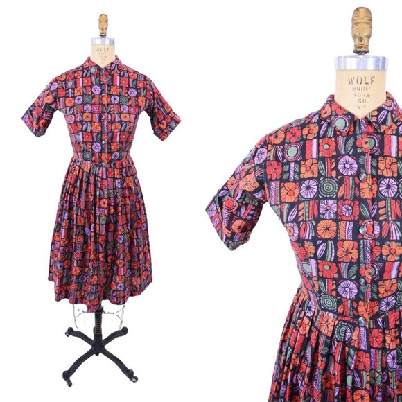Vintage 1960s Cotton Day Dress Black Orange Floral Print ShirtdressW 25"
